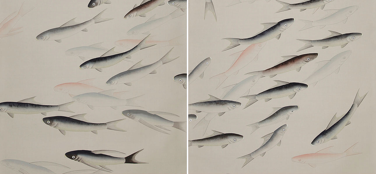 Обои ручная роспись Fishes Blue Pearl on Icefield dyed silk Обои ручная роспись Fishes Blue Pearl on Icefield dyed silk - Loft-Concept в Орле