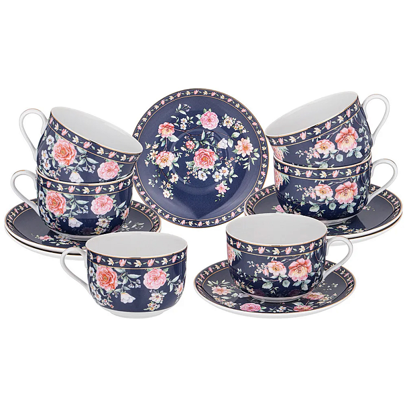 Чайный набор из фарфора синий на 6 персон 12 предметов Flower Porcelain Collection Синий Мульти Чайный набор из фарфора синий на 6 персон 12 предметов Flower Porcelain Collection Синий Мульти в Орле | Loft Concept