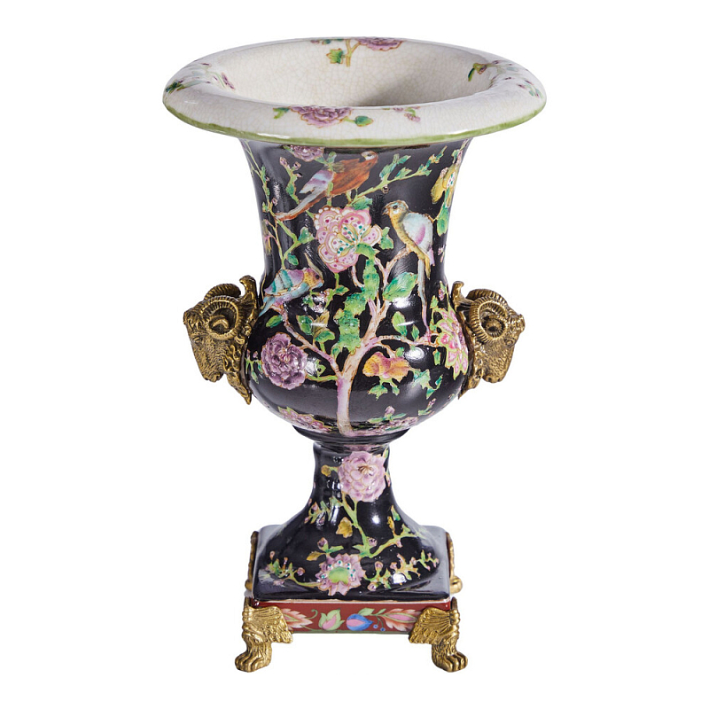 Ваза черная с овнами из фарфора с бронзовыми элементами Bronze Aries Бронза Мульти в Орле | Loft Concept 