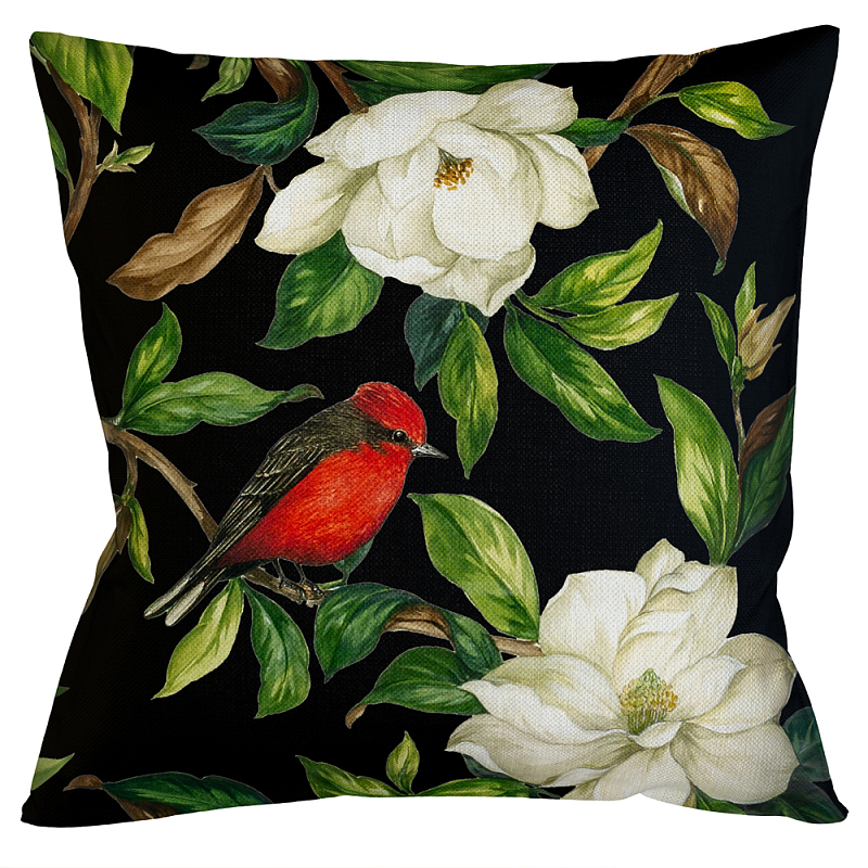 Декоративная подушка чёрная с изображением птиц и цветов Blooming Reds Birds Мульти Черный Декоративная подушка чёрная с изображением птиц и цветов Blooming Reds Birds Мульти Черный в Орле | Loft Concept