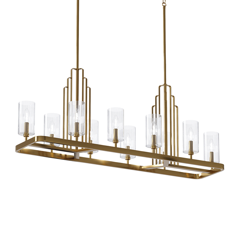 Люстра прямоугольная цвета латунь с прозрачными рифлеными цилиндрическими плафонами Kichler Латунь Прозрачное Стекло Никель в Орле | Loft Concept 