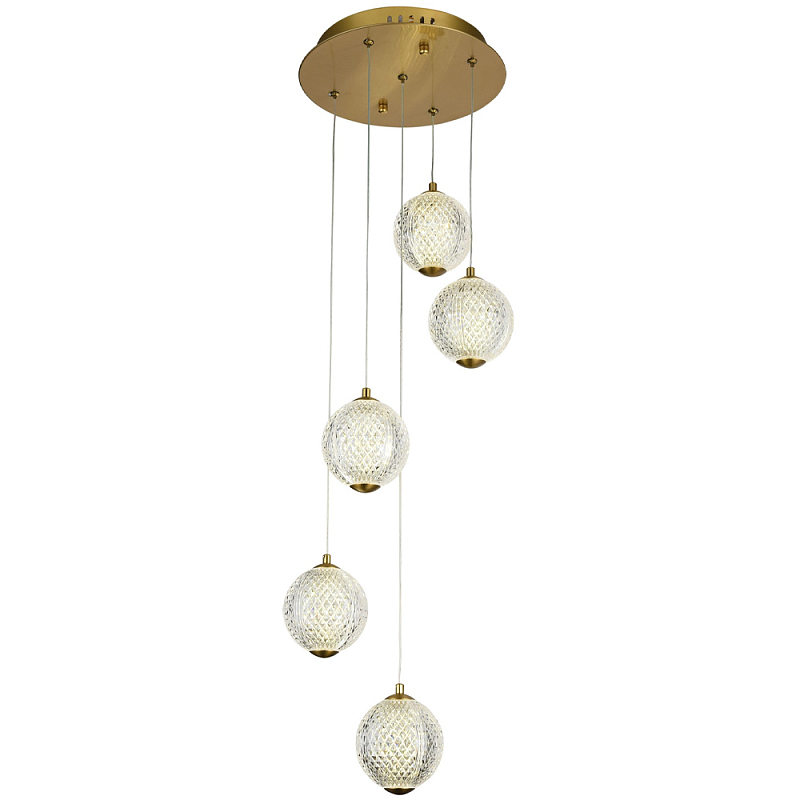 Каскадная люстра с 5-ю плафонами из акрила в виде шара Felice Chandelier Brass Прозрачный Латунь Каскадная люстра с 5-ю плафонами из акрила в виде шара Felice Chandelier Brass Прозрачный Латунь в Орле | Loft Concept