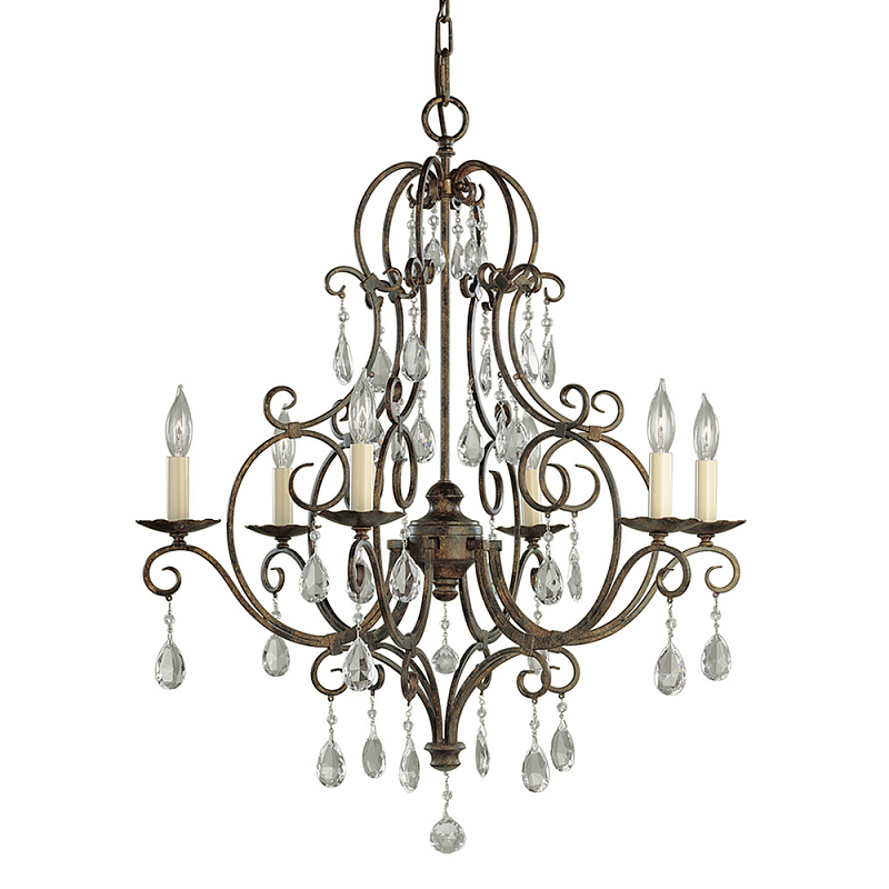 Люстра бронзового цвета с 6-ю лампами и подвесками из оптического стекла в классическом стиле Feiss Бронза Кремовый Прозрачное Стекло в Орле | Loft Concept 