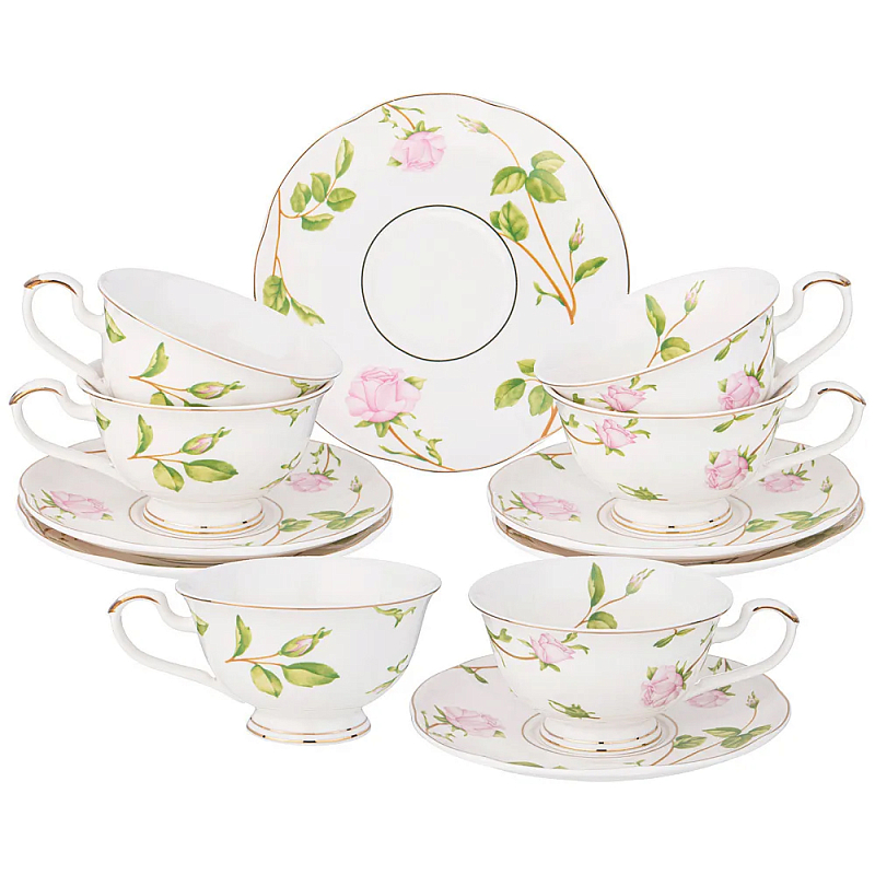 Чайный набор из фарфора белый с цветочным принтом на 6 персон 12 предметов Flower Porcelain Collection Белый Мульти Чайный набор из фарфора белый с цветочным принтом на 6 персон 12 предметов Flower Porcelain Collection Белый Мульти в Орле | Loft Concept