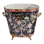 Кашпо из фарфора черная с цветочной росписью и бронзовой стрекозой Spring Garden варинант исполнения - 1 | Loft Concept в Орле