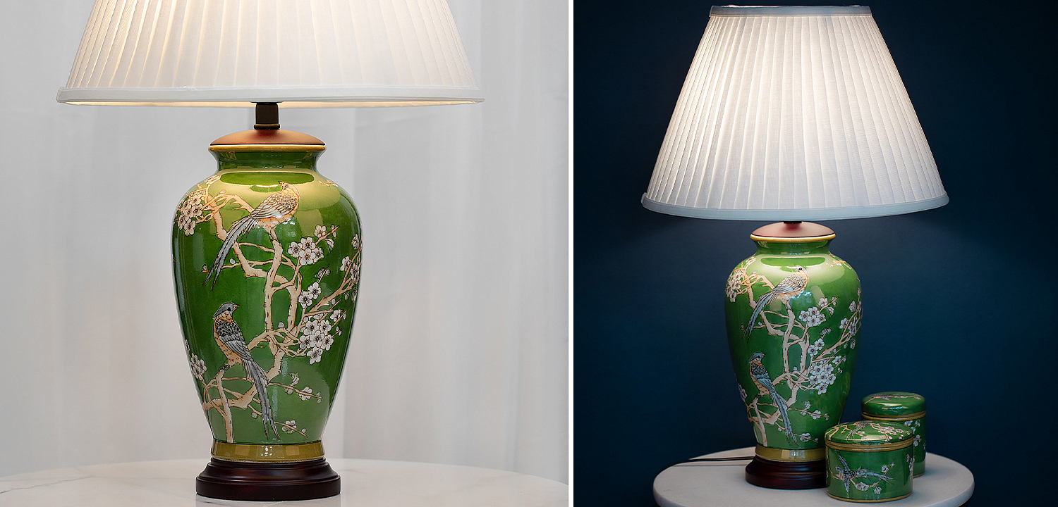 Настольная лампа с абажуром Birds Green Chinoiserie Lampshade Настольная лампа с абажуром Birds Green Chinoiserie Lampshade - Loft-Concept в Орле