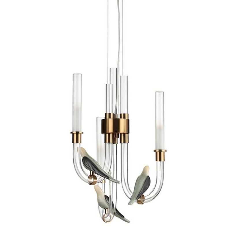Подвесной светильник с 3-мя прозрачными изогнутыми трубками и декоративными птичками Ganthea Бронза Белый в Орле | Loft Concept 