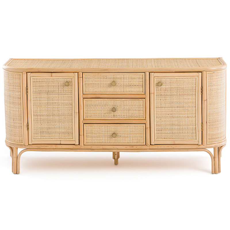 Длинный комод из ротанга с дверцами и ящиками Simone Rattan Chest of Drawers Древесина Латунь в Орле | Loft Concept 