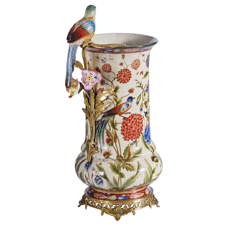 Ваза фарфоровая с птицей на бронзовой ветке и цветочной росписью Garden of Eden Бронза Мульти в Орле | Loft Concept 
