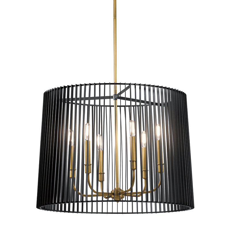 Люстра цвета латунь с 6-ю лампами свечами внутри цилиндрического абажура из черных металлических реек Kichler Латунь Черный в Орле | Loft Concept 