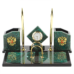 Настольный письменный набор из змеевика с часами и гербом Successful Leader варинант исполнения - 1 | Loft Concept в Орле