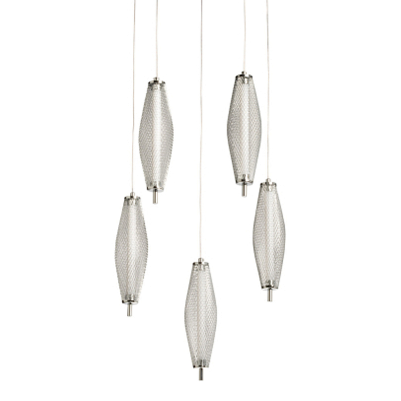 Люстра круглая каскадня с 5-ю плафонами из металлической сетки Mesh Lampshade Lighting Хром в Орле | Loft Concept 