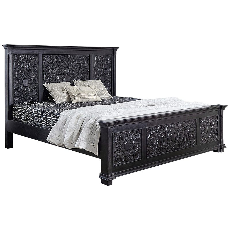 Двуспальная кровать из массива манго с резьбой Vega Grey Mango Bed Черный Серо-бежевый в Орле | Loft Concept 