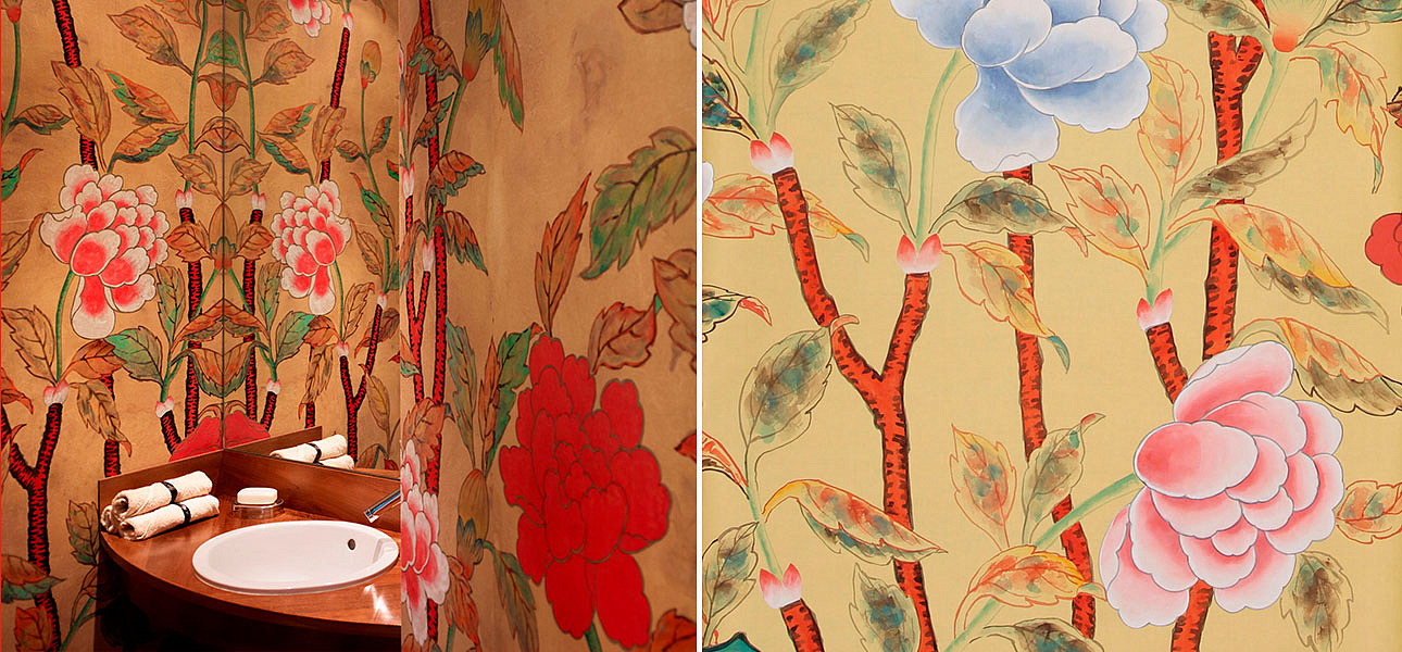 Обои ручная роспись Korean Peony Original colourway on Sienna Earth dyed silk Обои ручная роспись Korean Peony Original colourway on Sienna Earth dyed silk - Loft-Concept в Орле