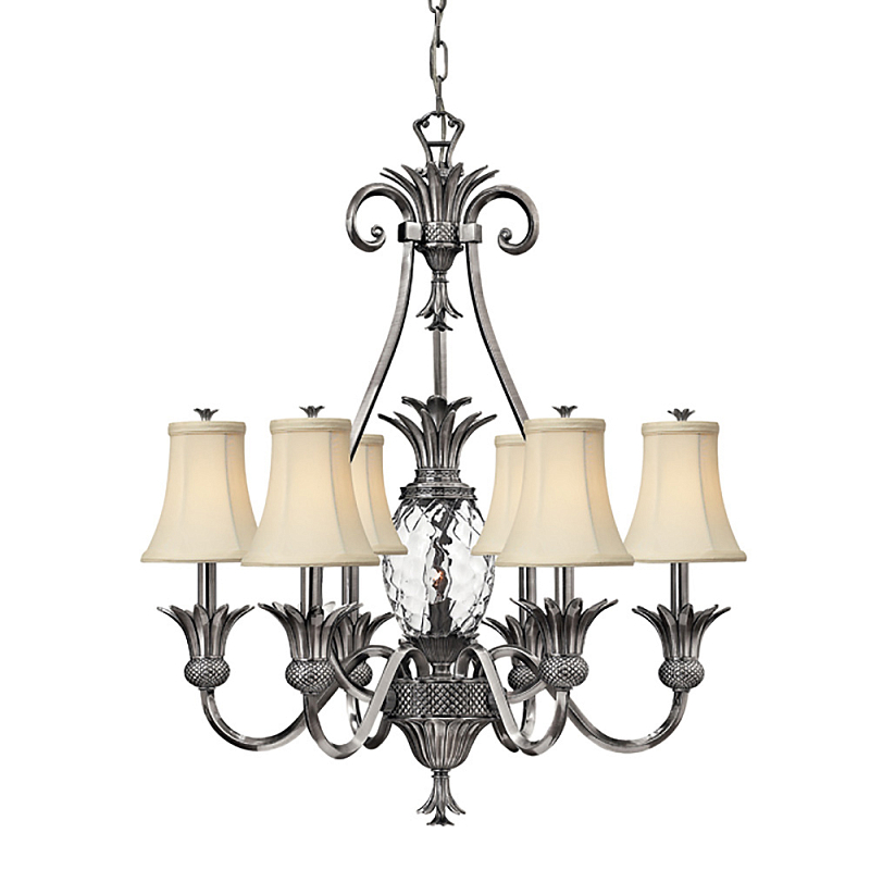 Люстра с 7-ю кремовыми текстильными абажурами Hinkley Никель Белый Бежевый Прозрачное Стекло Бронза в Орле | Loft Concept 