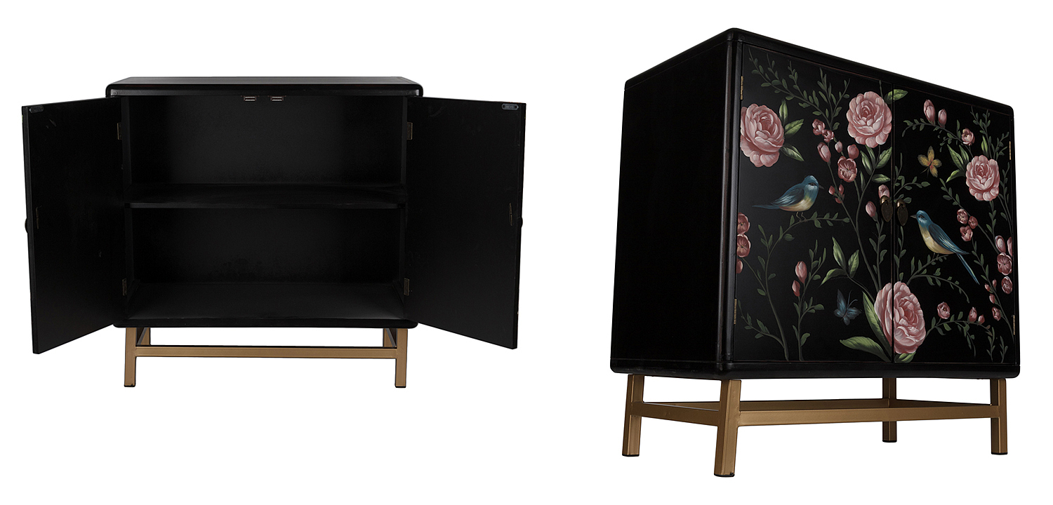 Комод с росписью птицы и цветы Black Chest Of Drawers Peonies Черный Комод с росписью птицы и цветы Black Chest Of Drawers Peonies Черный - Loft-Concept в Орле