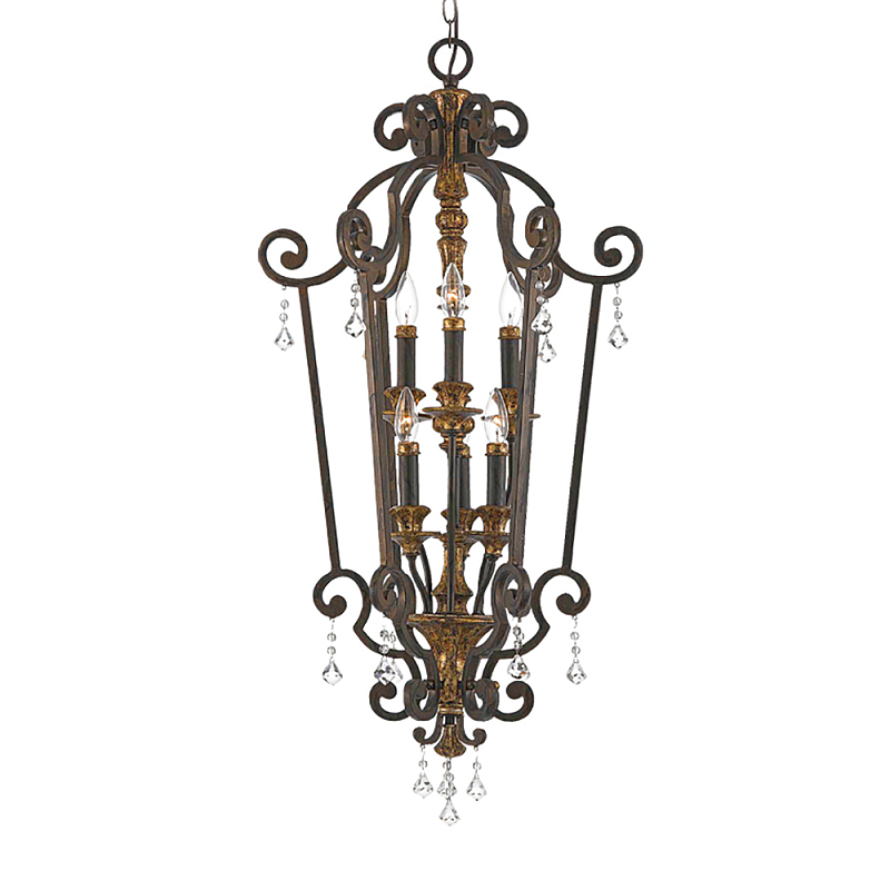 Люстра бронзового цвета с 6-ю лампами и стеклянными подвесками в классическом стиле Quoizel Бронза Прозрачное Стекло Золотой в Орле | Loft Concept 