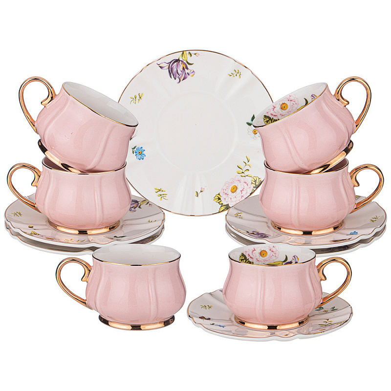 Чайный набор из фарфора на 6 персон 12 предметов Tea Porcelain Set Белый Золотой Розовый Чайный набор из фарфора на 6 персон 12 предметов Tea Porcelain Set Белый Золотой Розовый в Орле | Loft Concept