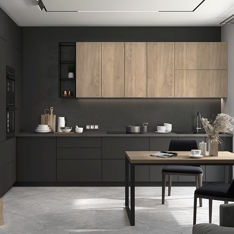 Черный матовый кухонный гарнитур с фасадом под дерево Renart Kitchen Set Черный матовый Древесина Черный матовый кухонный гарнитур с фасадом под дерево Renart Kitchen Set Черный матовый Древесина в Орле | Loft Concept