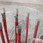 Дизайнерский журнальный стол с круглой прозрачной столешницей и основанием в виде красных металлических тросов Wires варинант исполнения - 5 | Loft Concept в Орле