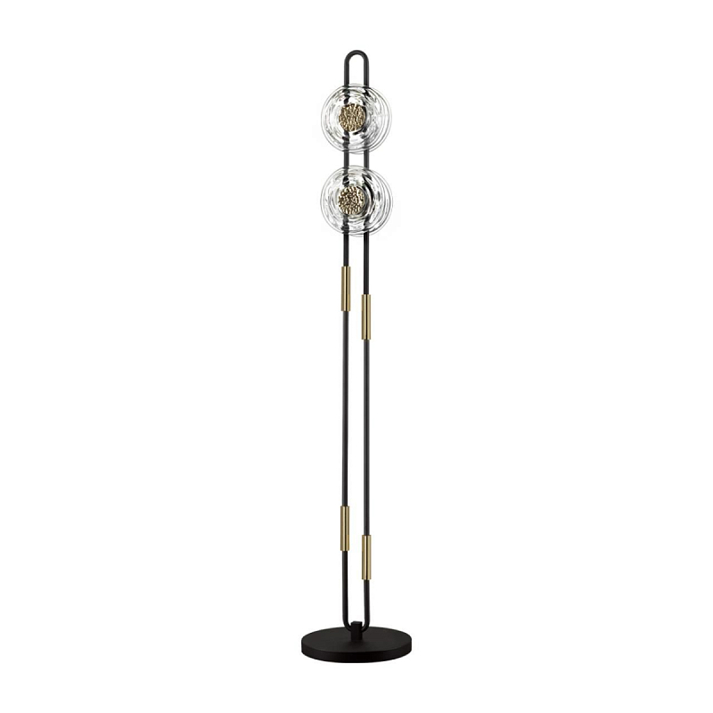 Торшер с 2-мя прозрачными стеклянными плафонами и золотистыми декоративными вставками Virelia Черный Прозрачное Стекло Золотой в Орле | Loft Concept 
