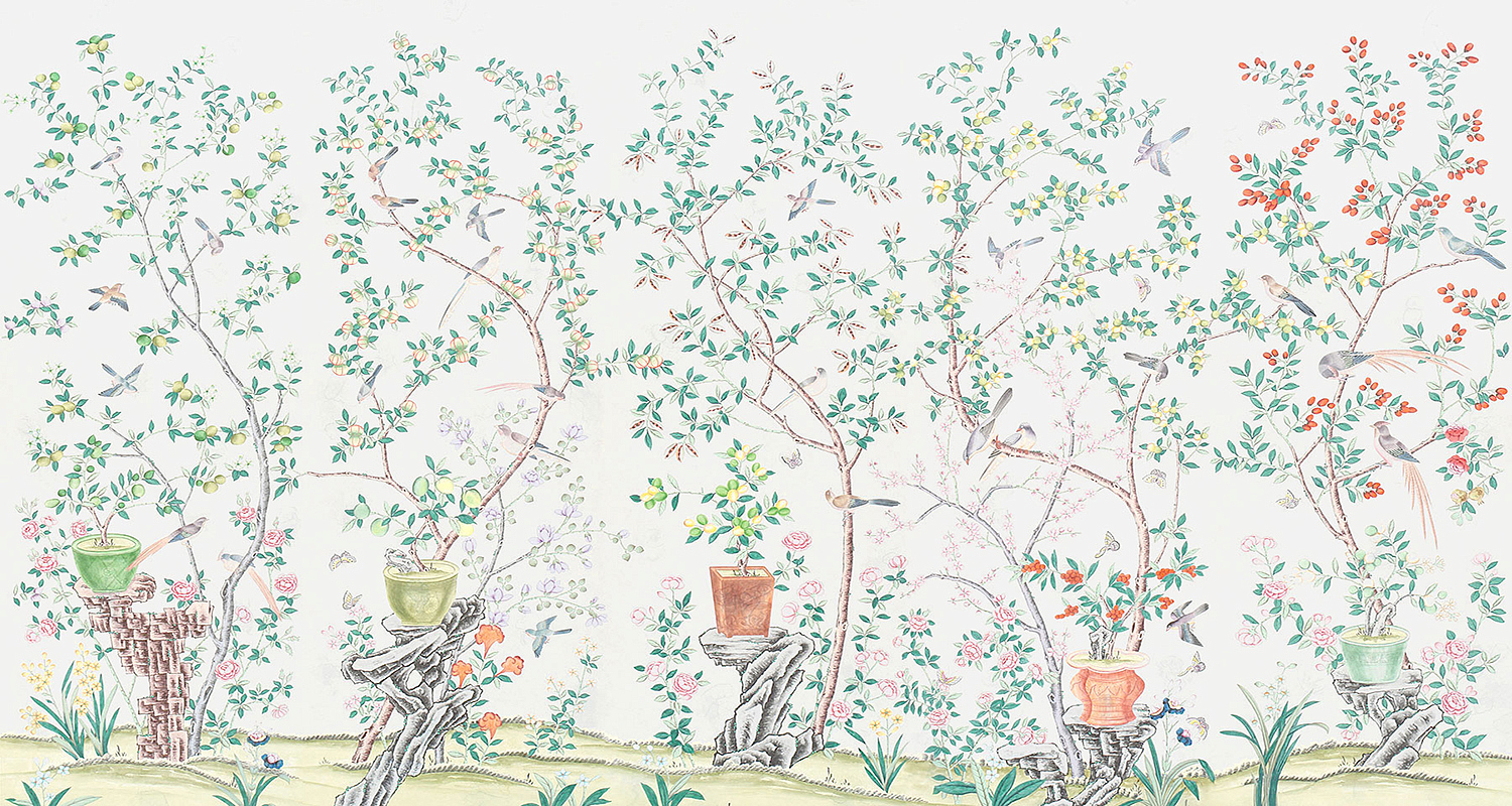 Обои ручная роспись Jardinieres & Citrus Trees Natural Mica Обои ручная роспись Jardinieres & Citrus Trees Natural Mica - Loft-Concept в Орле