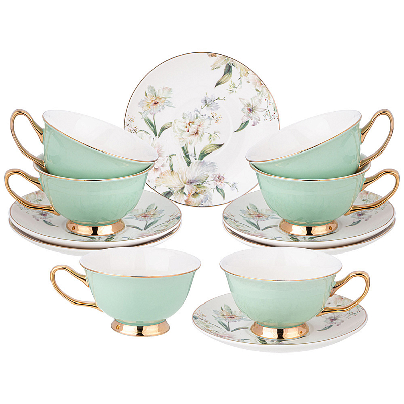 Чайный набор из фарфора на 6 персон Tea Porcelain Set Белый Золотой Зеленый Чайный набор из фарфора на 6 персон Tea Porcelain Set Белый Золотой Зеленый в Орле | Loft Concept
