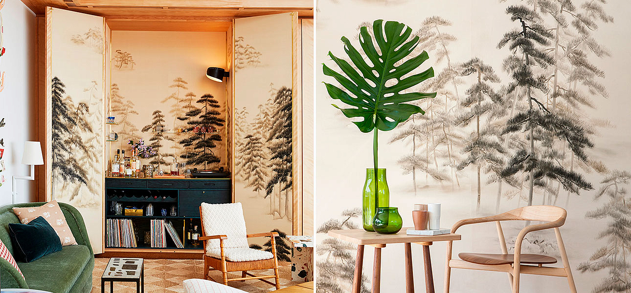 Обои ручная роспись Abstract Pines Dark Lacquer on Natural Mica metallic silk Обои ручная роспись Abstract Pines Dark Lacquer on Natural Mica metallic silk - Loft-Concept в Орле