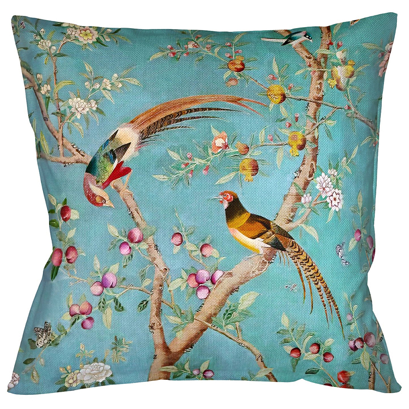 Подушка декоративная с изображением птиц в саду Chinoiserie Birds in the Peach Orchard Cushion Мульти Бирюзовый Подушка декоративная с изображением птиц в саду Chinoiserie Birds in the Peach Orchard Cushion Мульти Бирюзовый в Орле | Loft Concept