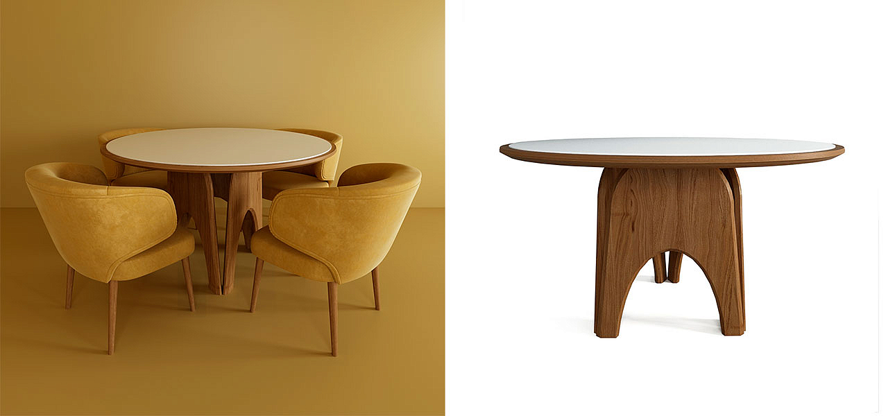 Обеденный круглый стол из дерева со столешницей из камня Pelican Dinner Table Обеденный круглый стол из дерева со столешницей из камня Pelican Dinner Table - Loft-Concept в Орле