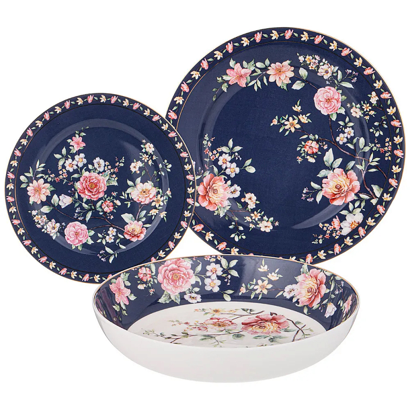 Набор посуды обеденный из фарфора на 6 персон 18 предметов Flower Porcelain Collection Синий Красный Зеленый Набор посуды обеденный из фарфора на 6 персон 18 предметов Flower Porcelain Collection Синий Красный Зеленый в Орле | Loft Concept
