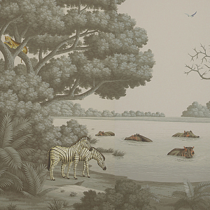 Обои ручная роспись African Savannah Eden on Crystal Grey scenic paper