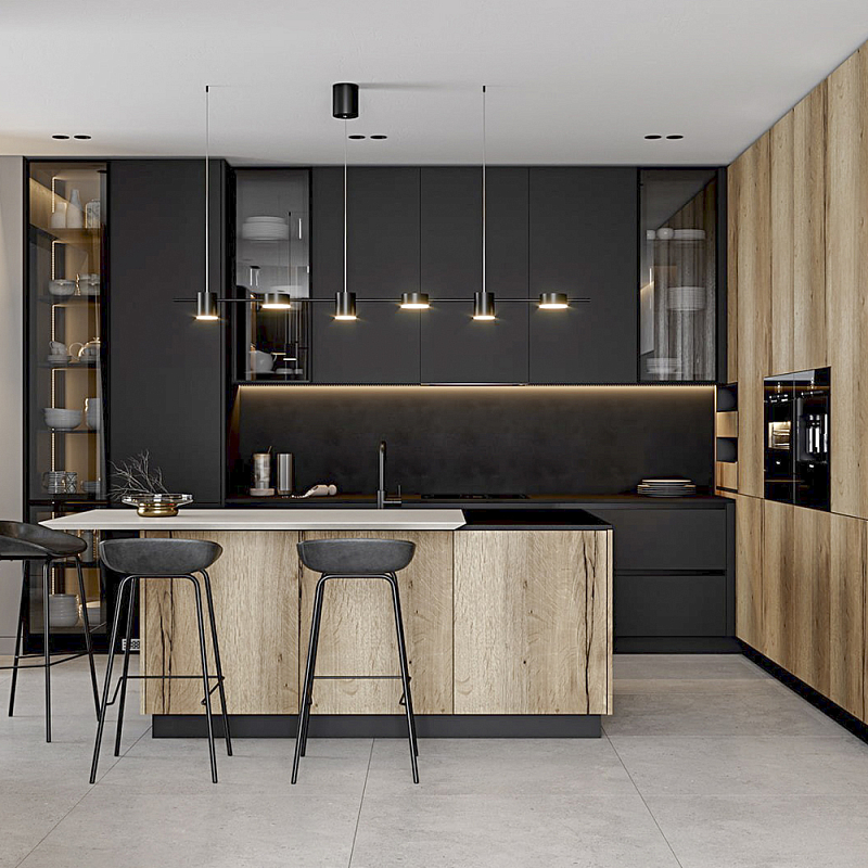 Черный матовый кухонный гарнитур с фасадом под дерево Axelle Kitchen Set Черный матовый Древесина Черный матовый кухонный гарнитур с фасадом под дерево Axelle Kitchen Set Черный матовый Древесина в Орле | Loft Concept