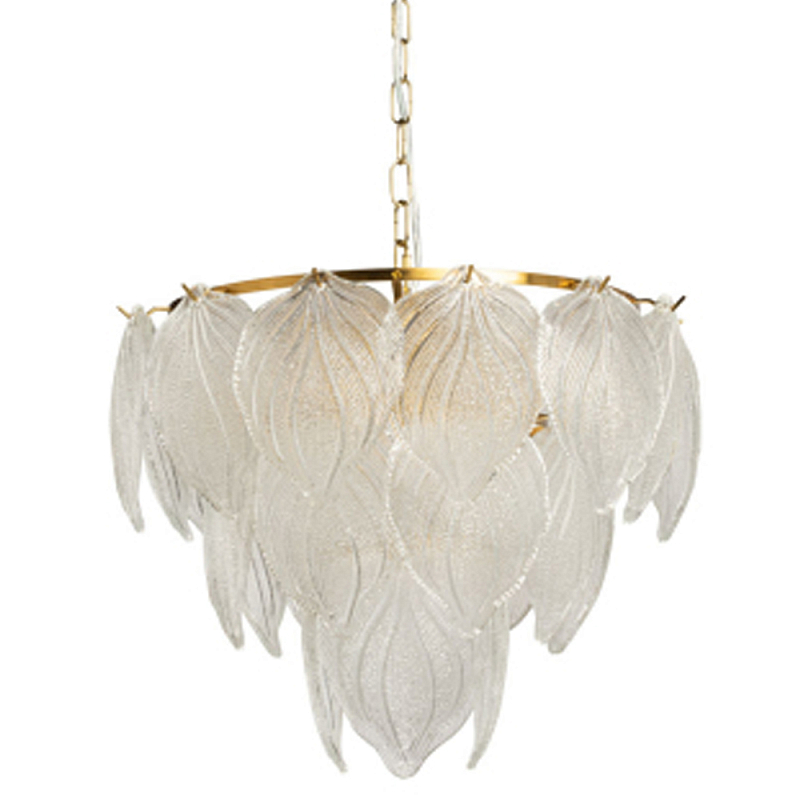Люстра на цепи с прозрачными стеклянными подвесками в виде листьев Textured Glass Chandelier Прозрачное Стекло Латунь в Орле | Loft Concept 