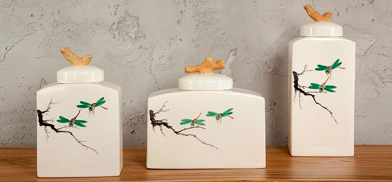 Ваза низкая с крышкой керамическая стрекоза Ornament Ваза низкая с крышкой керамическая стрекоза Ornament - Loft-Concept в Орле