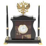 Часы настольные с Гербом России и 2-мя шариковыми ручками в комплекте Stone Clock варинант исполнения - 5 | Loft Concept в Орле