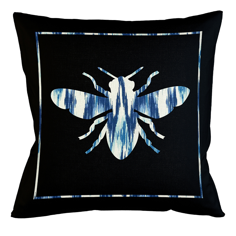 Подушка декоративная пчела с синим узором Ikat Pattern Черный Белый Синий Бежевый Подушка декоративная пчела с синим узором Ikat Pattern Черный Белый Синий Бежевый в Орле | Loft Concept
