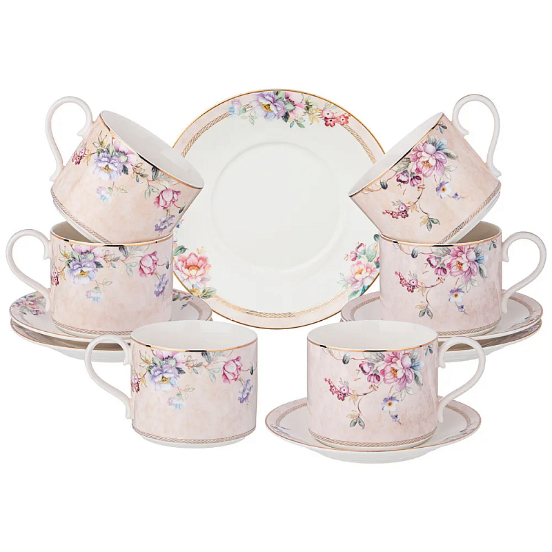 Чайный набор из фарфора с цветочным принтом на 6 персон 12 предметов Flower Porcelain Collection Розовый Мульти Чайный набор из фарфора с цветочным принтом на 6 персон 12 предметов Flower Porcelain Collection Розовый Мульти в Орле | Loft Concept