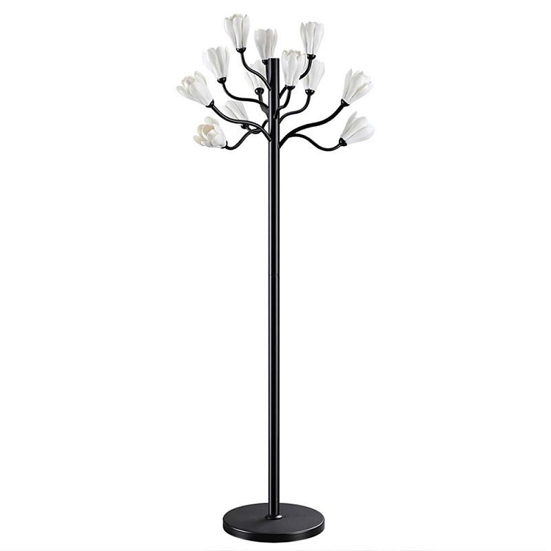 Торшер с плафонами из белых фарфоровых цветов на изогнутых ветвях Floralis Черный Белый в Орле | Loft Concept 