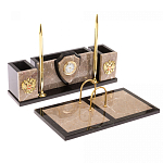 Настольный письменный набор из бежевого мрамора с часами и гербом Marble Accessory варинант исполнения - 2 | Loft Concept в Орле