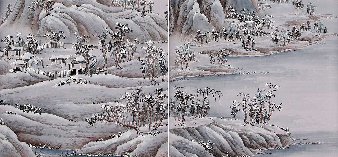 Обои ручная роспись A Thousand Li of Rivers and Mountains Special Colourway on Lilac Hint dyed silk Обои ручная роспись A Thousand Li of Rivers and Mountains Special Colourway on Lilac Hint dyed silk - Loft-Concept в Орле