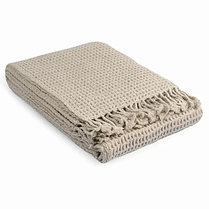 Плед из шерсти бежевого цвета с бахромой Waffle Comfort