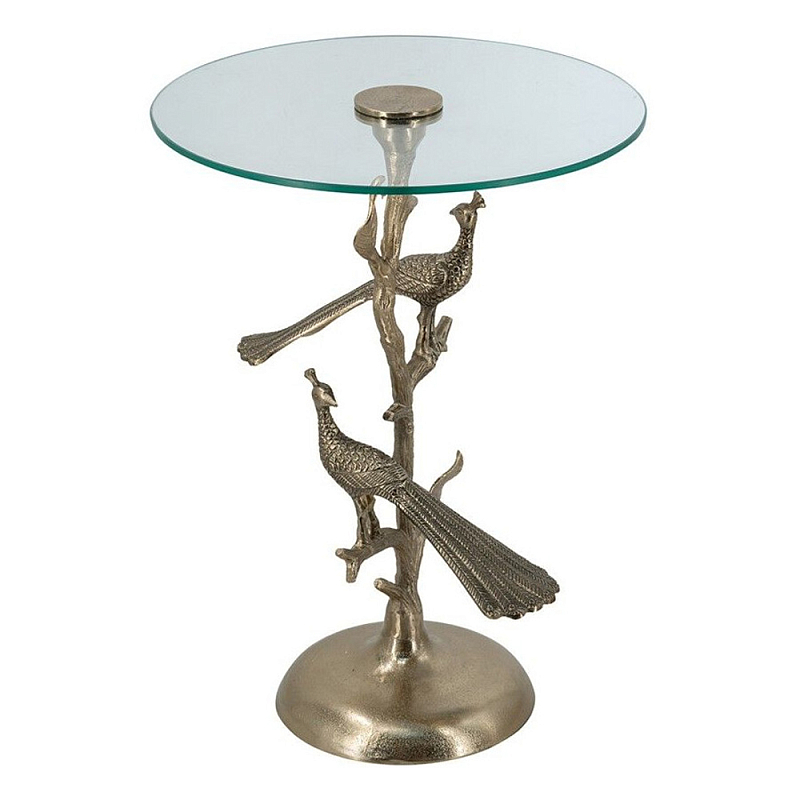 Столик с круглой стеклянной столешницей и корпусом в виде двух павлинов на ветке Table Two Peacocks Золотой Прозрачный в Орле | Loft Concept 