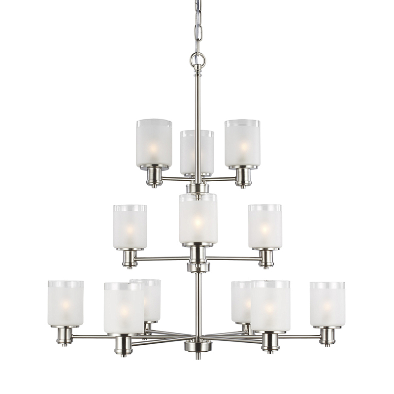 Люстра двухъярусная цвета никель с 12-ю матовыми цилиндрическими стеклянными плафонами Generation Lighting Никель Белый Бежевый в Орле | Loft Concept 