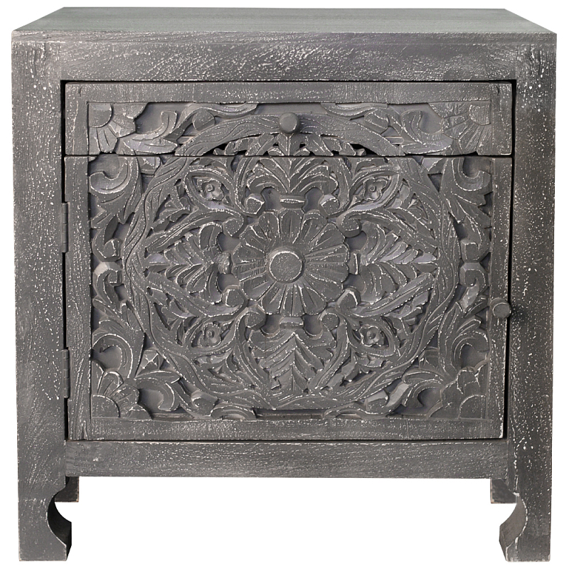 Деревянная тумба с резными ящиком и дверцей Azure Grey Wooden Nightstand Серый Деревянная тумба с резными ящиком и дверцей Azure Grey Wooden Nightstand Серый в Орле | Loft Concept