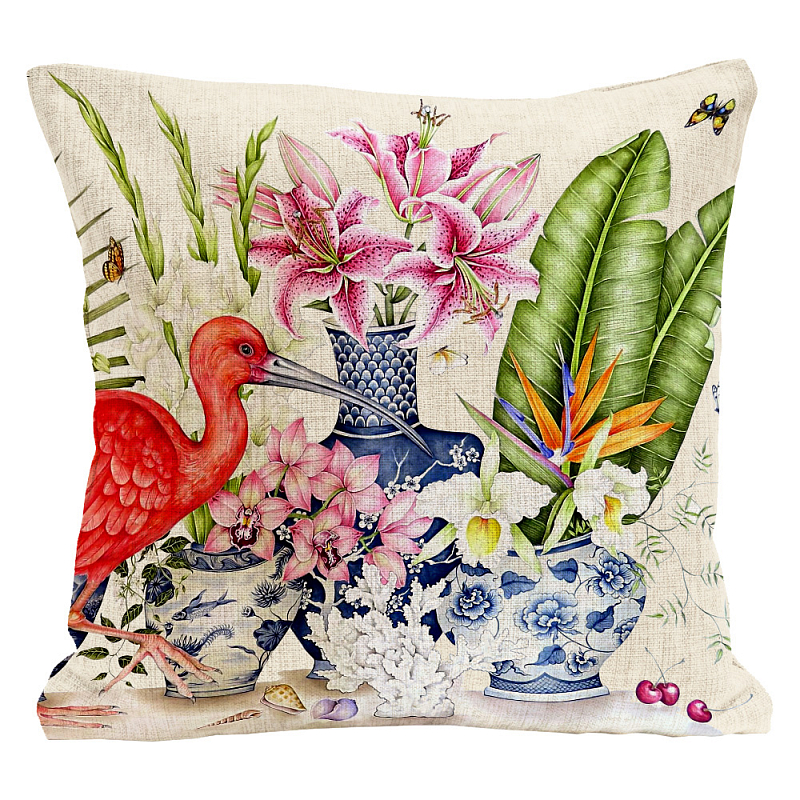 Декоративная подушка Flowers and Scarlet Ibis Pillow Мульти Бежевый в Орле | Loft Concept 