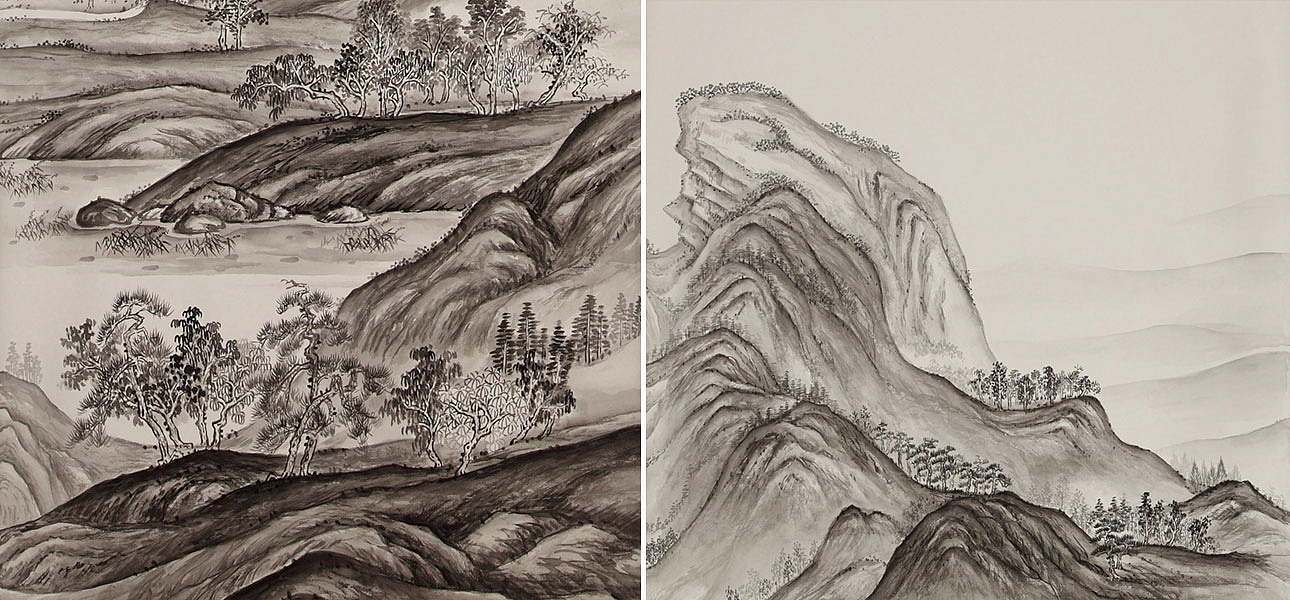 Обои ручная роспись A Thousand Li of Rivers and Mountains Special Colourway on Bleached White dyed silk Обои ручная роспись A Thousand Li of Rivers and Mountains Special Colourway on Bleached White dyed silk - Loft-Concept в Орле