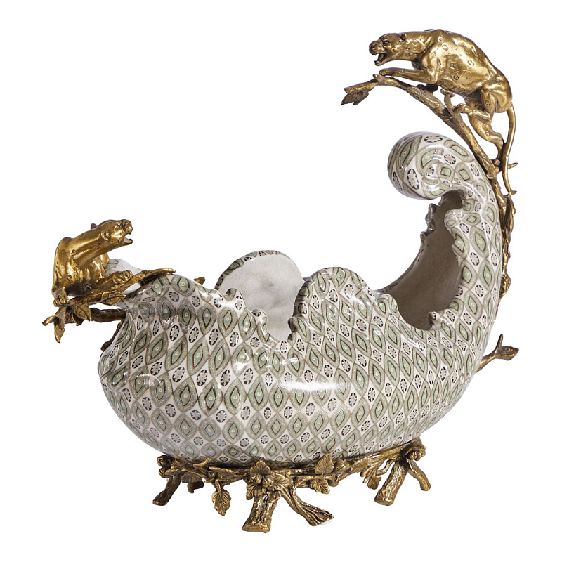 Чаша для фруктов из фарфора бронзовыми фигурками леопардов Eden Garden Мульти Бронза в Орле | Loft Concept 