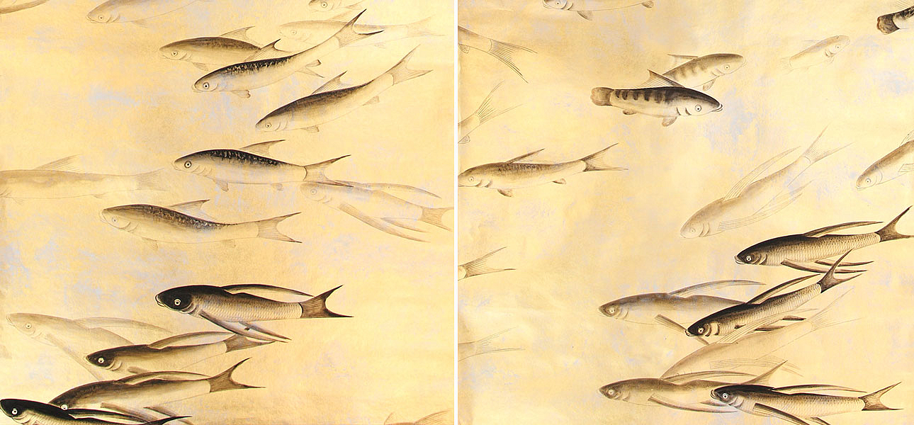Обои ручная роспись Fishes Original colourway on Deep Rich Gold gilded paper with d?sargenter pearlescent antiquing Обои ручная роспись Fishes Original colourway on Deep Rich Gold gilded paper with d?sargenter pearlescent antiquing - Loft-Concept в Орле