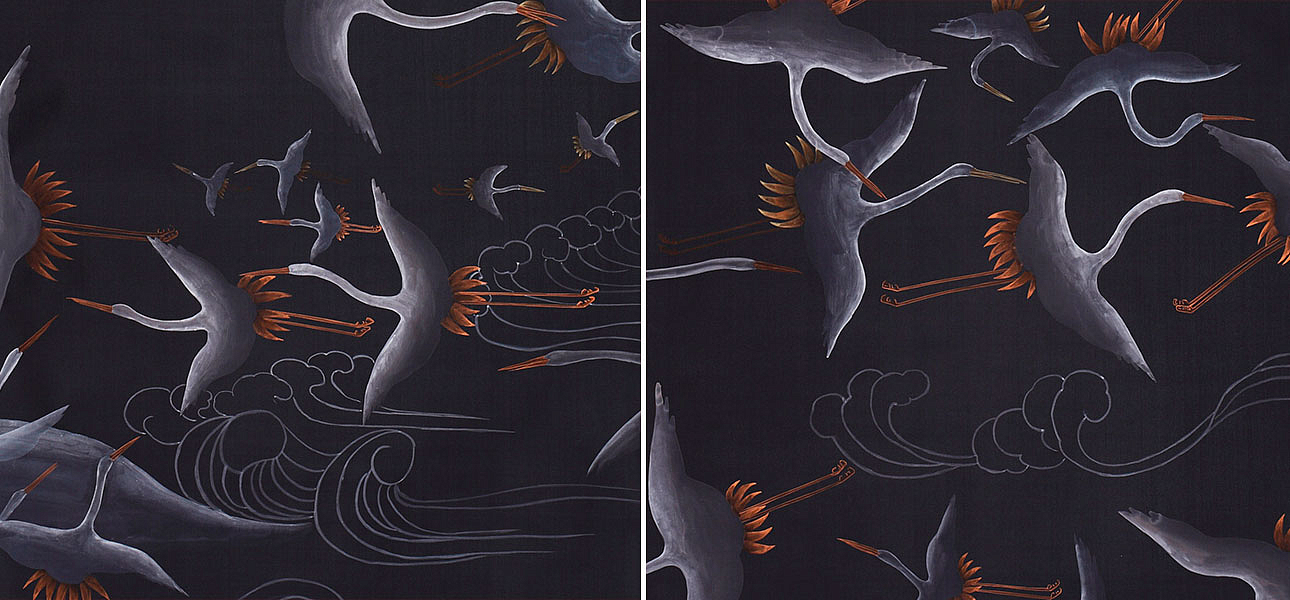 Обои ручная роспись Cranes Scroll Limewash on Pitch dyed silk Обои ручная роспись Cranes Scroll Limewash on Pitch dyed silk - Loft-Concept в Орле